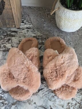 Auden Plush Crisscross Faux Fur Slide Slippers - Blush Pink